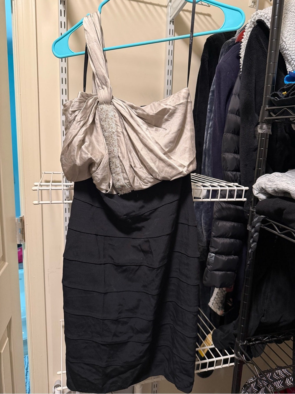 One-Shoulder Two-Tone Cocktail Dress - Black and Champagne